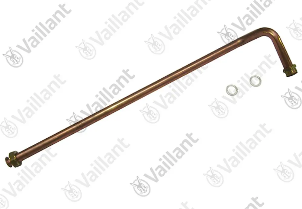 Kupferrohr von Vaillant mit zwei Anschlüssen und zwei Dichtungen, gebogen für Anwendung im Heizungsbereich.